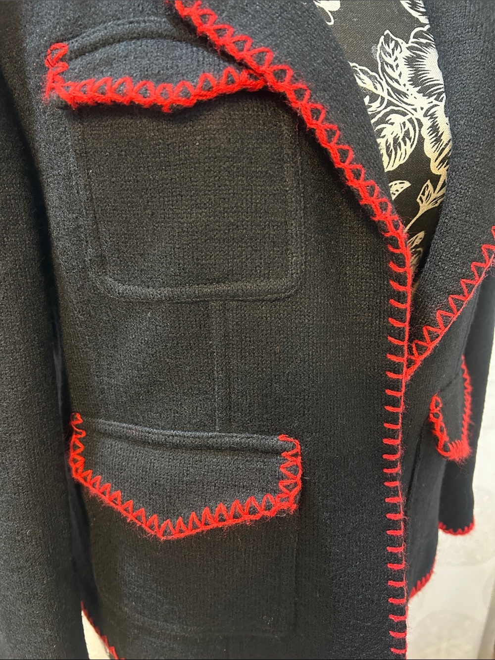 Black Wool Sweater Blazer Jacket Cardigan Red Trim Women Large L - Picture 6 of 16